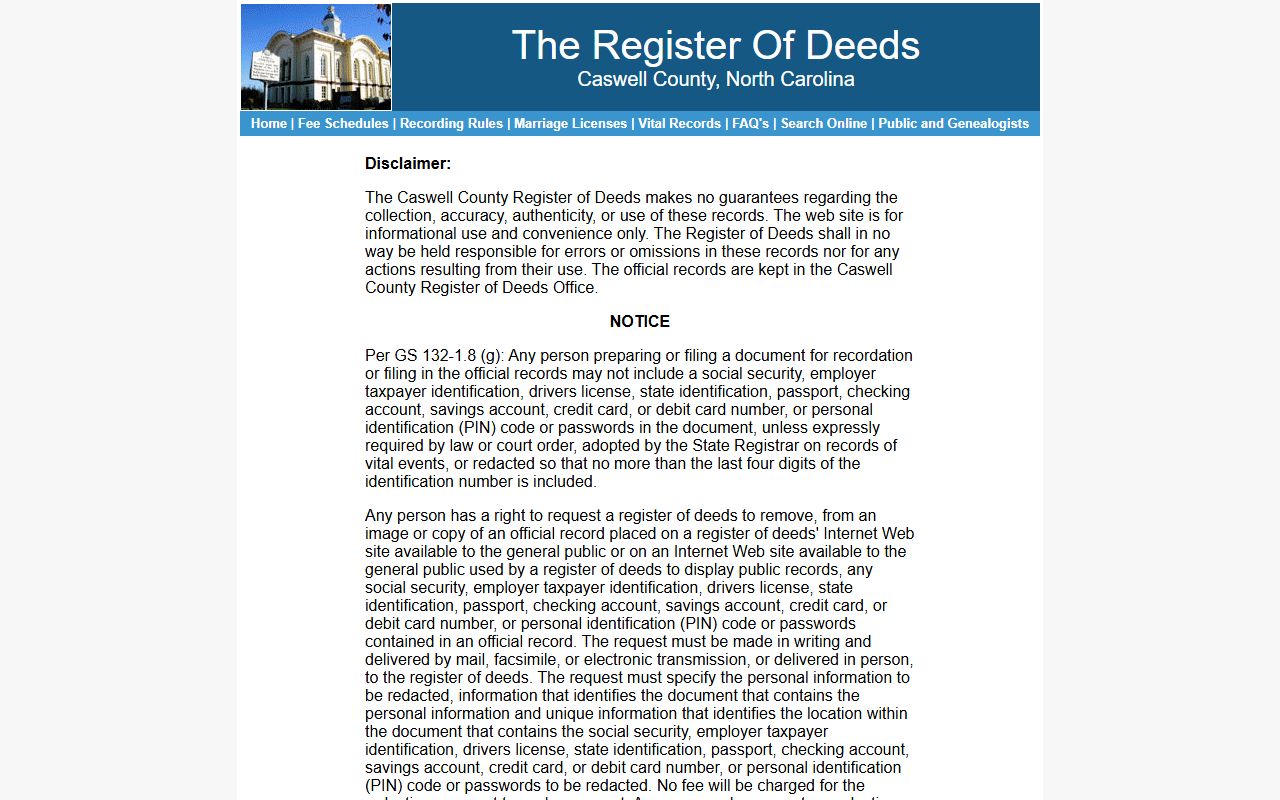 Caswell County Clerk of Superior Court records Register of Deeds redaction notice