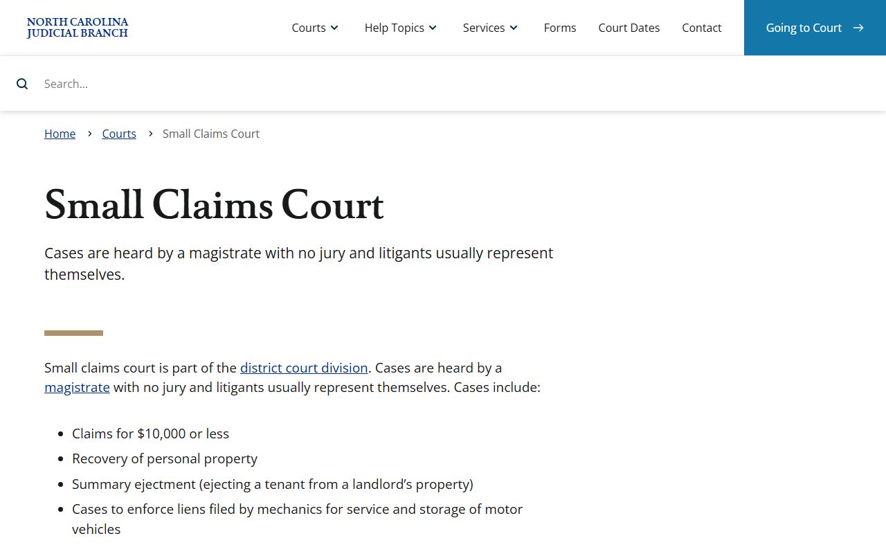 Caswell County court dockets North Carolina Small Claims Court overview