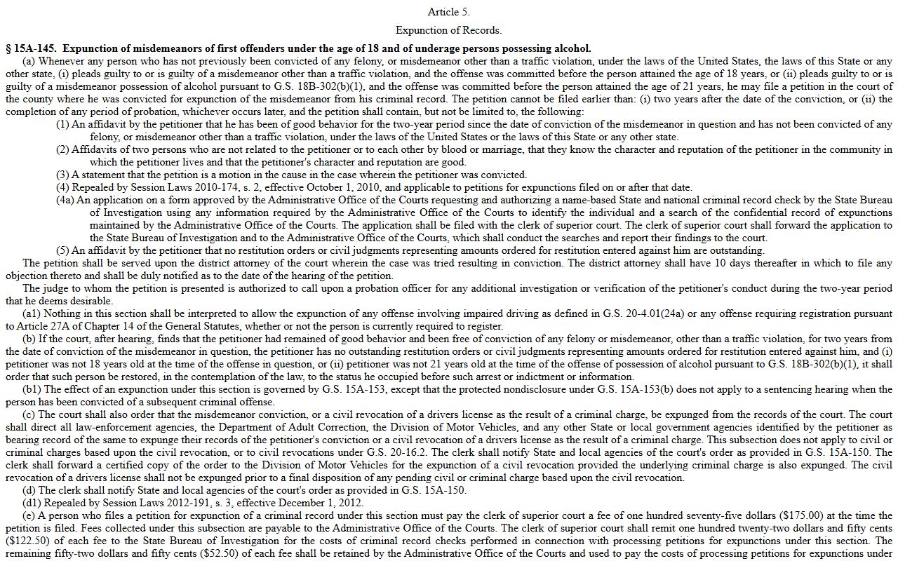 Caswell County criminal court records Chapter 15A expunction statutes