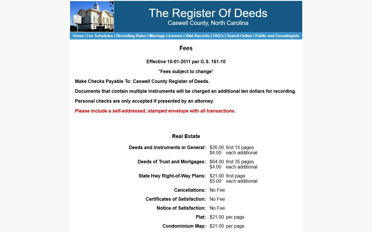 Caswell County probate records Register of Deeds fee schedule
