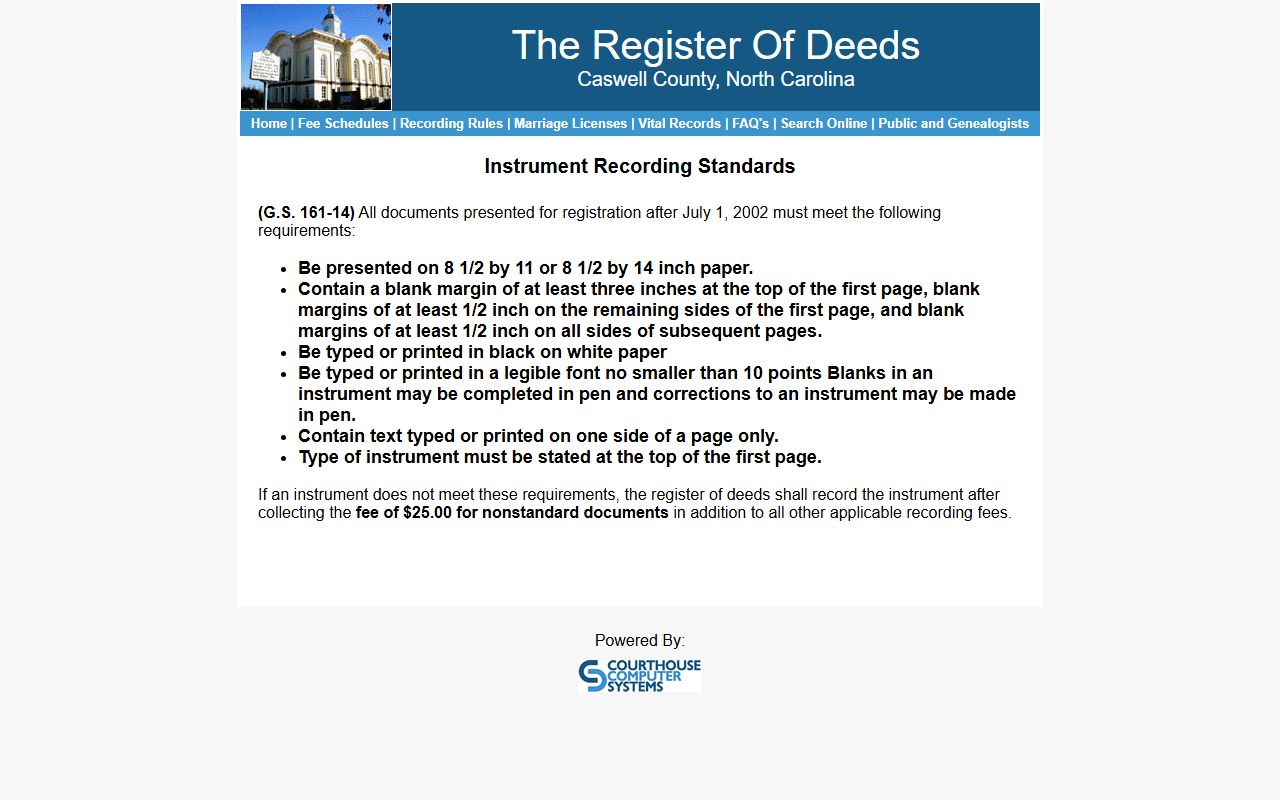 Caswell County probate records Register of Deeds recording standards